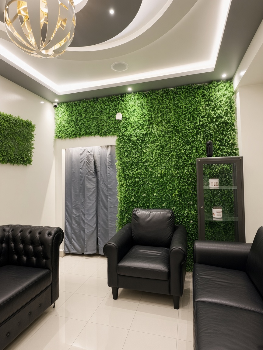 Xena Beauty Spa lounge seating with green wall